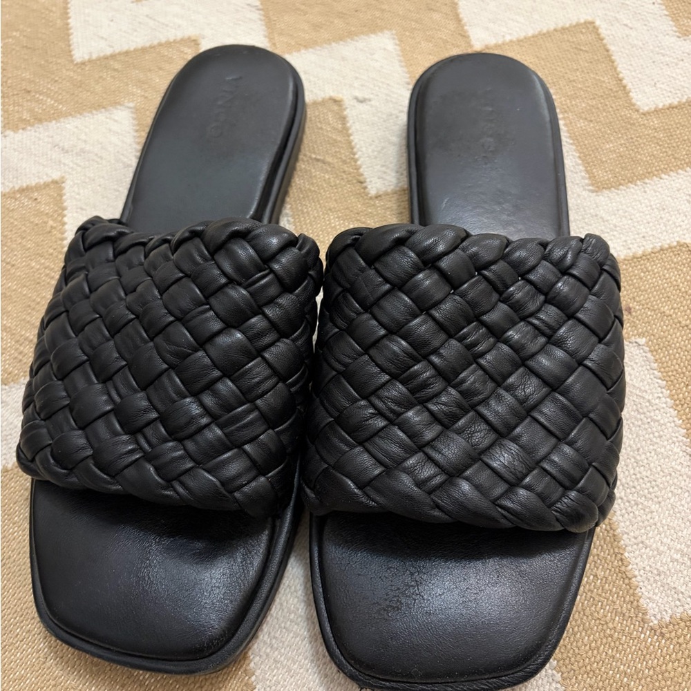Vince Black Leather Woven Slide Sandals